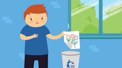 Vector illustration of a boy throwing a flower in the trash can.