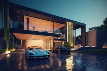 Modern luxury house with sports car. Generative AI