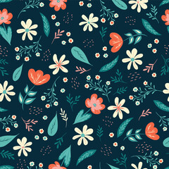 Seamless vector pattern with cartoon flowers on dark blue. Kids products, textile, packaging, wrap