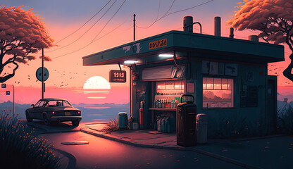 80s-Style Kiosk and Old-Fashioned Car with a Retro Sunset, generative ai