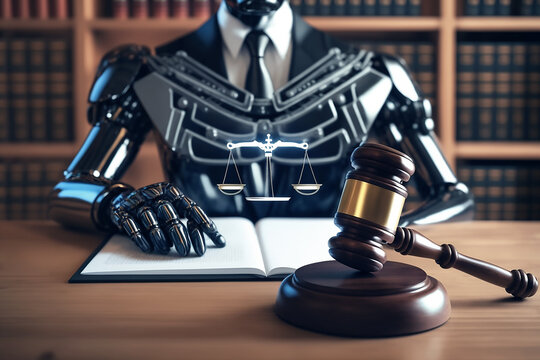 AI related law concept shown by robot hand using lawyer working tools in lawyers office with legal astute icons depicting artificial intelligence law . GEnerative IA