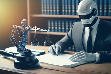 AI related law concept shown by robot hand using lawyer working tools in lawyers office with legal astute icons depicting artificial intelligence law . GEnerative IA - obrazy, fototapety, plakaty