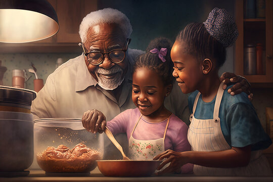 Image of happy african american grandparents and granddaughter baking in kitchen. GEnerative IA