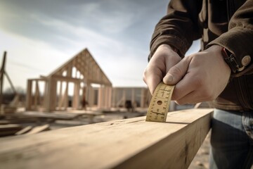 Carpenter measuring piece of wood in construction site in outdoors. Generative AI