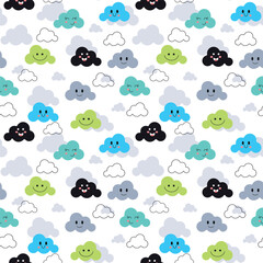 Emoji clouds seamless pattern. Cute cartoon colorful clouds with different emotions repeat on white background. Doodle kids style. Vector illustration.
