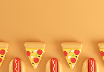 pattern of pizza and hotdog isolated on orange background. 3d render illustration. 3d junk food