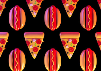 pattern of pizza and hotdog isolated on black background. 3d render illustration. 3d junk food