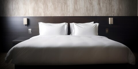 Front view of queen size bed with white sheets in hotel room. Generative AI
