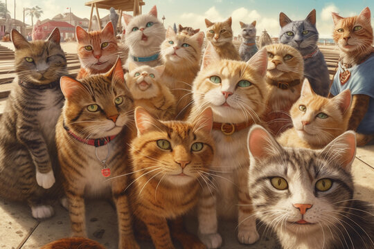 Group of cute cats relax and take a selfie in the afternoon under the sun. Generative AI