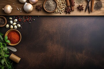 Wooden dark background with different spices and copy space in the middle for text. Generative AI banner
