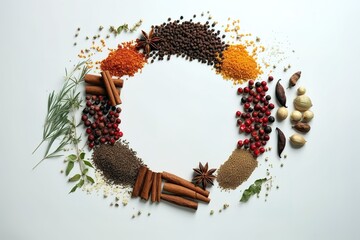 Spices in circular form over with background with copy space for text. Generative AI banner