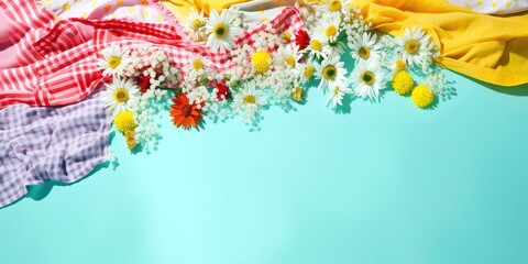 Pieces of colorful fabric with flowers over light blue background with copy space for text. Generative AI banner