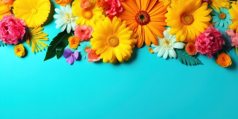 Flowers with vibrant colors over turquoise background with copy space. Generative AI