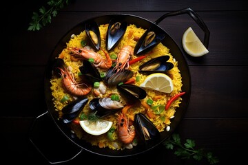 Table top view of Spanish paella over dark wooden background. Generative AI