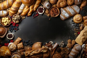 Fresh bread table top view over dark background with copy space in the middle for text. Generative AI