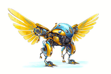 Funny yellow and blue robot with wings. Colorful sketch on white background. Game concept of flying android. AI generated illustration