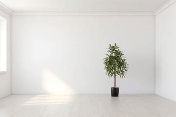 A sparsely decorated room with a white wall and a lone green plant, Generative AI