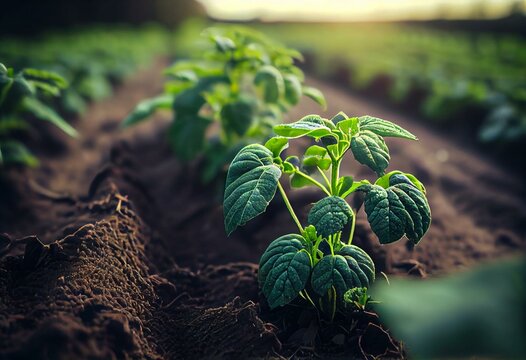 Plantation landscape of green potato bushes. European organic farming. Growing food on the farm. Growing care and harvesting. Agroindustry and agribusiness. Selective focus. Generative AI