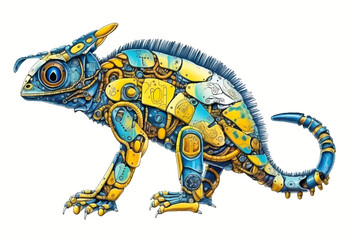 Funny yellow and blue robot chameleon. Colorful sketch on white background. Game concept of chameleon android. AI generated illustration