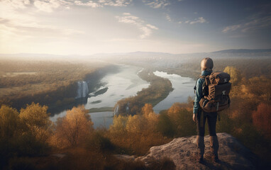 Fototapeta premium Woman with a backpack on the edge of a cliff overlooking the river. Generative AI