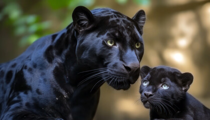 Jaguar mother and baby cub close up. Mother's love, mothers day. Generative AI