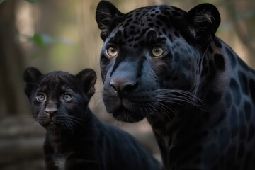 Naklejka na ściany i meble Jaguar mother and baby cub close up. Mother's love, mothers day. Generative AI