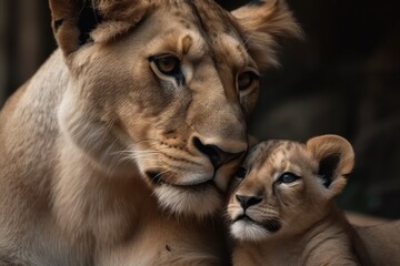 Obraz na płótnie Canvas Lion mother and baby cub close up. Mother's love, mothers day. Generative AI