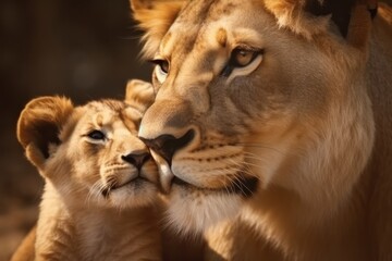 Obraz premium Lion mother and baby cub close up. Mother's love, mothers day. Generative AI