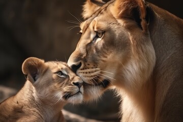 Obraz premium Lion mother and baby cub close up. Mother's love, mothers day. Generative AI