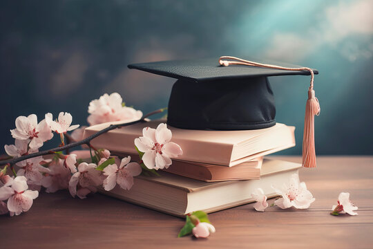 Graduate cap, apple branch and academic books. Study, education, university, college, graduate concept. Generative AI illustration