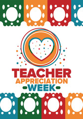 Teacher Appreciation Week in United States. Celebrated annual in May. In honour of teachers who hard work and teach our children. School and education. Student learning concept. Vector illustration