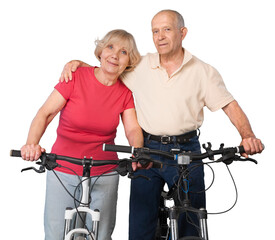 Close-up portrait of an elderly couple  on bicycles hugging
