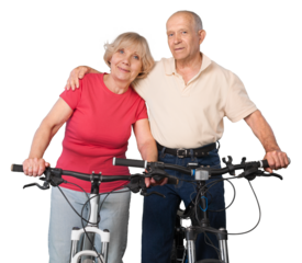 Close-up portrait of an elderly couple  on bicycles hugging