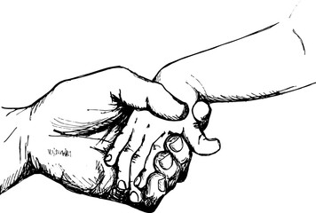 The hand of an adult man holds the hand of a small child