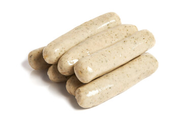 White German pork sausages, bavarian white sausages, close-up, isolated on white background. (weisswurst, veal sausages)