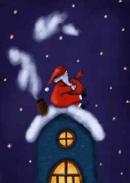 Santa is sitting on the house. New Year card, simple illustration for the holidays. Santa with gifts next to the pipe. Funny picture, Christmas night.