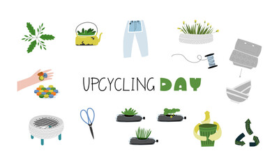Waste recycling banner with ideas of garbage recycle. Set of objects for stickers, icons, illustrations on web or print.