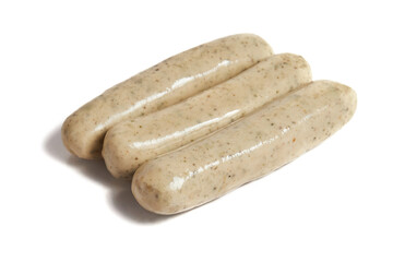 White German pork sausages, bavarian white sausages, close-up, isolated on white background. (weisswurst, veal sausages)