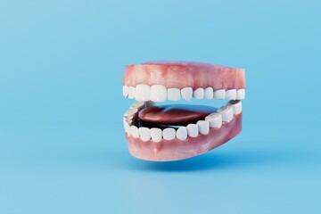 a model of jaws with white straight teeth on a blue background. 3D render