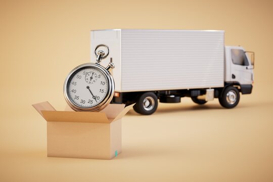 fast delivery of parcels. an open box in which the stopwatch is next to the track on a pastel background. 3D render
