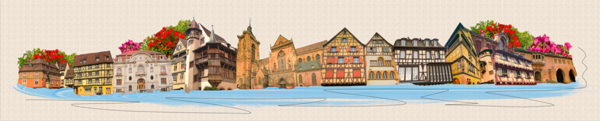 Beautiful church tower of cathedral in French city of colmar. Alsace building. Colmar, Petit Venice, narrow street and traditional half timbered houses at winter with shops. Collage, art design