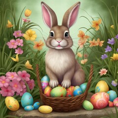 Easter Bunny Sitting on a Basket with Colorful Easter Eggs