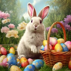 Cute Easter Bunny and Colorful Eggs in a Meadow Surrounded by Trees, Generative AI