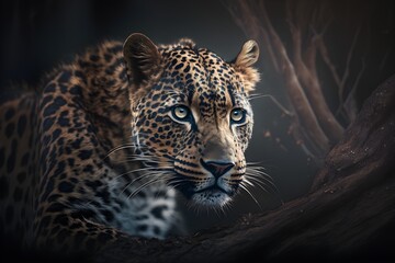 Fototapeta premium Portrait of a beautiful leopard, crouching and prowling. Generative AI.