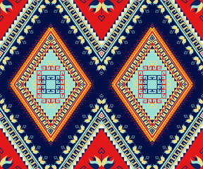 Ethnic folk geometric seamless pattern in red and blue tone in vector illustration design for fabric, mat, carpet, scarf, wrapping paper, tile and more