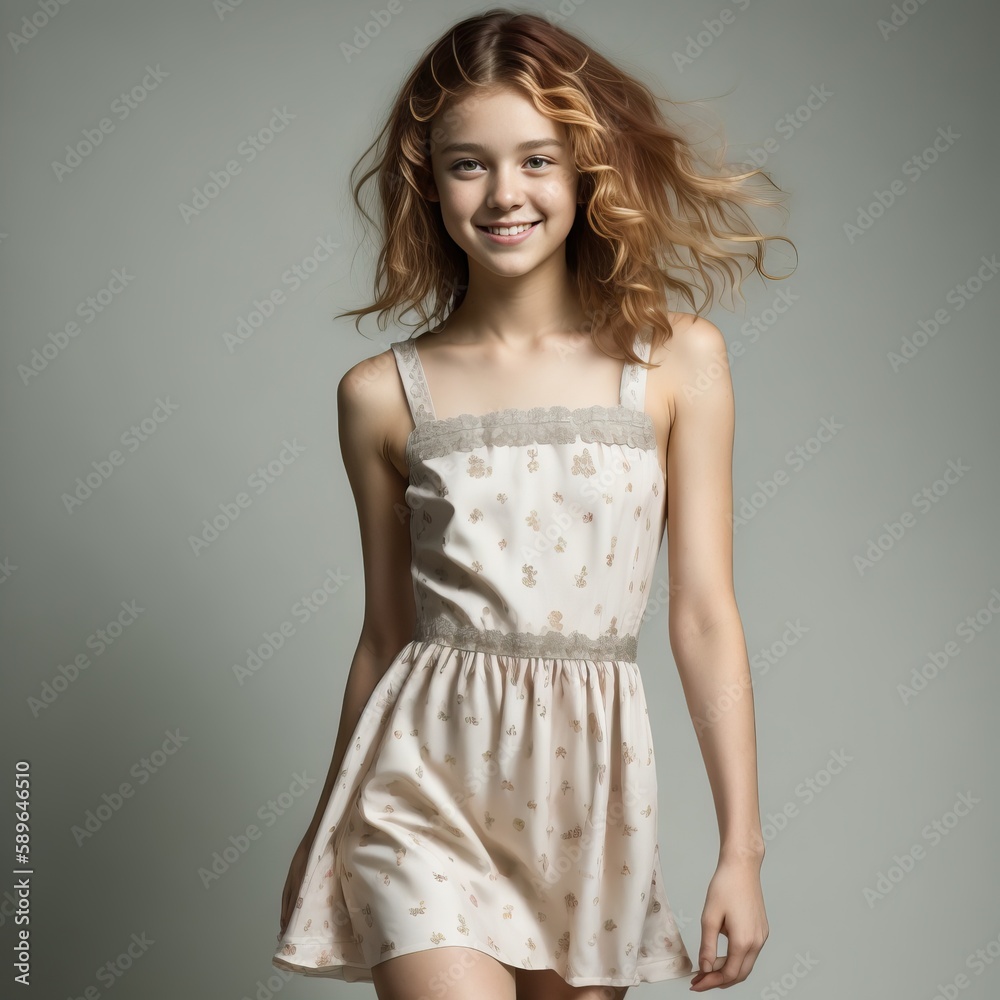 Wall mural young blonde girl in a blue dress in full growth on a gray background. generative ai