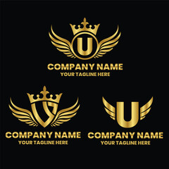 U initial letter with wing, crown logo, luxury logo,luxury shield, monogram logo design premium template vector