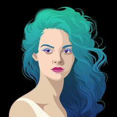 Portrait of a beautiful girl with loose turquoise dyed hair.