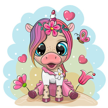 Cartoon Unicorn in a pink dress