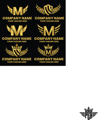 M initial letter with wing, crown logo, luxury logo,luxury shield, monogram logo design premium template vector